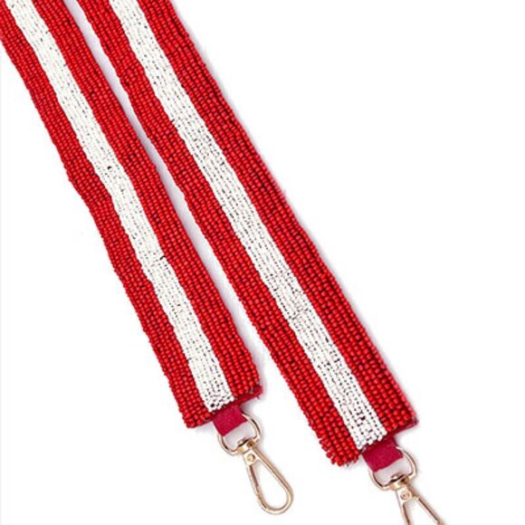 Red White Striped Gameday Football Team Seed Beaded Guitar Crossbody Bag Strap - Picture 2 of 4